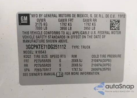 2013 Chevrolet Silverado 1500 Ltz z USA, uszkodzony, nr VIN 3GCPKTE71DG251112